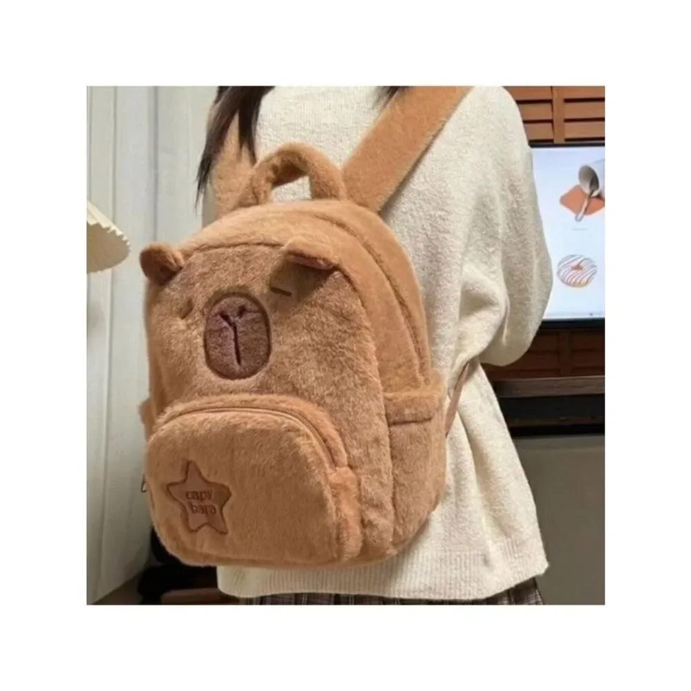 Capybara Faux Fur Plush Brown Animal Kids Small Travel Scool Backpack New